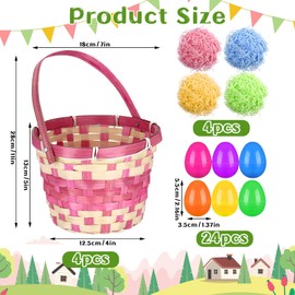 4 Set Large Easter Basket Bulk with 24 Pcs Easter Eggs, Handle Round Bamboo Woven Basket with Plastic Easter Eggs and 4 Pcs Colored Raffia Grass for Kids Baby Easter Bunny Party Supplies