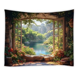 HYKHYK Nature Garden Tapestry Forest Mountain Stone Wall Flower Green Leaf Vine Rustic Farmhouse Cabin Window Scenery Wall Hanging Art Decor for Bedroom,Living Room,Dorm