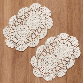 2 Pcs Cotton Crochet Doilies Beige Handmade Lace Crochet Placemats Oval Floral Tablecloths Knitted Coasters Placemats for Dining Room Kitchen Party Wedding Tableware Decoration 13.7x9.8 inch