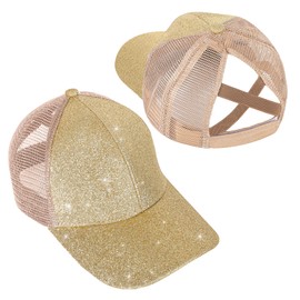 BROMZ Girls Glitter Baseball Cap Kids Ponytail Hat Adjustable Summer Mesh Trucker Hats for 4-12 Years Gold