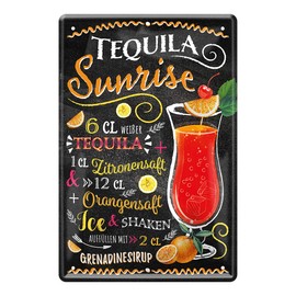 Tequila Sunrise Cocktail Recipe Tin Sign - Retro Decorative Sign - Metal Sign for Decoration of Kitchen Beach Bar Pub Cellar Bar Lounge Pub - Instructions for Mixing Cocktail Long Drink - 20 x 30 cm