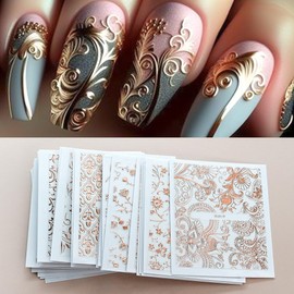 30PCS European Style Flower Nail Art Stickers 3D Rose Golden Flower Nail Stickers Self-Adhesive Lace Floral Vine Relief Design Nail Decals Manicure Slider for Women Spring Summer Nail Art Decorations