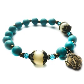 Turquoise and Mother of Pearl Stone Catholic Rosary Bracelet for Women with Virgin Mary Our Lady of Graces Medal Charm - Catholic Gifts Women