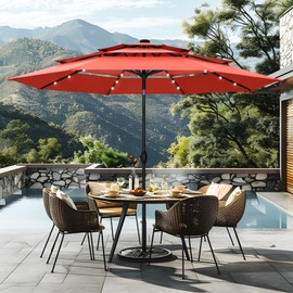 Sophia & William 10ft Patio Umbrellas 3-Tier Umbrella Outdoor Patio Umbrellas with Lights Vented Top 24 LED lights Adjustable Tilt for Pool Garden Backyard, Red