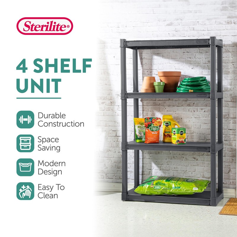 Sterilite 4 Shelf Unit, Heavy-Duty Shelving Storage and Utility Rack