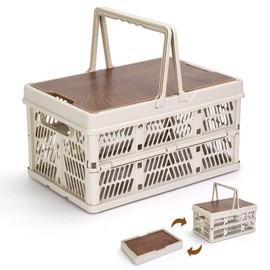 Yummy Sam Collapsible Storage Bin with Wooden Lid & Handle, 18L Portable Plastic Storage Crate, Hollow out design, for Camping, Outdoor Gatherings and Travel, Beige