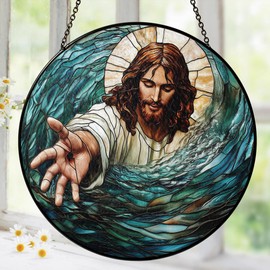 Christian Gifts for Women Faith Window Hanging Suncatcher Stained Glass, The Hand Of God Jesus Reaching Into Water Faith Home Decorations Jesus Gifts for Women of God Christmas Religious Catholic Gift