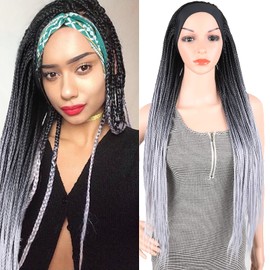 Gray Braided Headband Wigs for Black Women Long Black and Gray Box Braided Wigs Twist Crochet Hair Wrap Wig With Headband Attached Jumbo Braid Cornrow Wig Synthetic Grey Box Braid Wig 30Inch