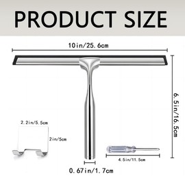 Multi-Purpose Squeegee, Stainless Steel Shower Screen Wiper with Strong Suction Hook for Window, Glass, Shower Door, Car, Heavy Duty Window Scrubber,10"Chrome
