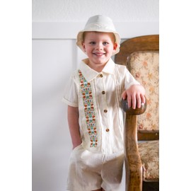 HIHA Toddler Boys Embroidered Outfit Mexican Guayabera Cinco De Mayo Clothes Traditional Floral Shirts Short Set With Hat Beige 2-3T