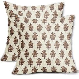 Aytipun Brown Floral Block Print Pillow Covers 18x18 Set of 2 Spring Flower Pattern Decorative Throw Pillowcases Outdoor Rustic Farmhouse Square Cushion Cases Decor for Home Couch Sofa Bed