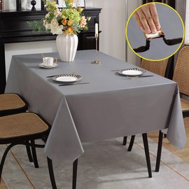 SASTYBALE Vinyl Tablecloth with Flannel Backing Waterproof Oil-Proof Plastic Tablecloths for Rectangle Tables, Wipeable PVC Table Cloths for Kitchen Dining(Silver Gray, 60 x 102 Inch)