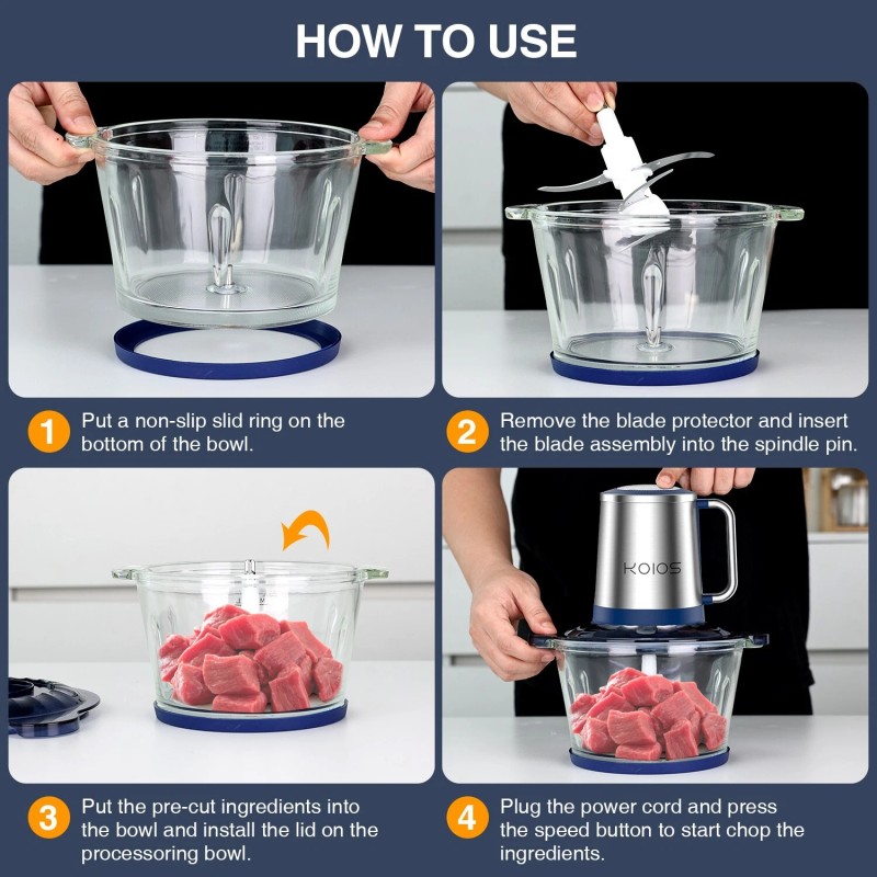 KOIOS 2*2L Bowls Electric Food Chopper Processor Vegetable Meat Grinder