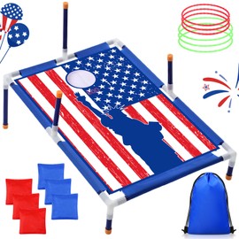 Leitee 4th of July 2 in 1 Bean Bags Toss Game American Flag Cornhole Bean Bags Patriotic Ring Toss Game Kids Patriotic Cornhole Games Set Independence Day Party Games Ideal for Ages 4-8 Toddlers