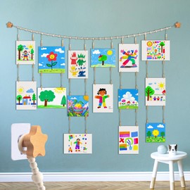 Sandure Kids Artwork Display Art Hanging Wall Decor 4.93ft Boho Wooden Beaded Garland Collage Holder with Hanging Rings Wooden Stars Hook 40 Wood Clips for Kids Artwork Photo Room Bedroom Decor