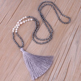 Kelitch Bohemian Natural Fresh Water Pearl Crystal Bead Tassel Necklace Long Y Chain, No metal type, Grey G
