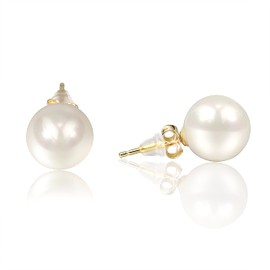 Cowlyn Shell Pearl Pearl Earrings Handpicked Round White 6mm Simulated Shell Pearl 14K Gold Plated Ball Stud Hypoallergenic Jewelry for Women