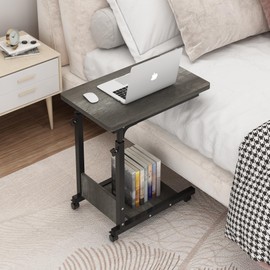 TigerDad Adjustable Height C Table Sofa Side Bedside Table with Wheels, Hospital Bed Table Rolling Tray with Storage, Mobile Computer Desk Laptop Table for Home Use,Gray