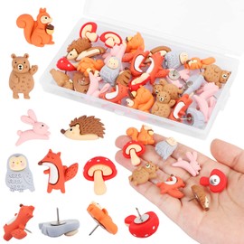 MIKIMIQI 30 Pcs Forest Animals Push Pins, Resin Squirrel Fox Owl Mushroom Push Pins Decorative Animal Thumb Tacks Cork Board Thumbtacks for Bulletin Board Photos Wall Pins Office Supplies