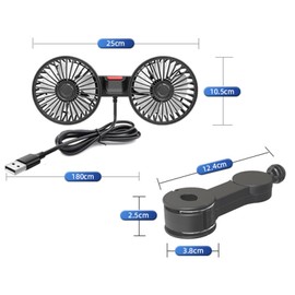 Double Head 12 V Car Fan, Portable 360° Rotatable Car Fan, Car Fan for Back Seat, Car Cooling Air Fan with 3 Speeds, Portable USB Fan for Truck, Van, SUV, RV