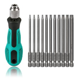 T6-T40 Torx Screwdriver 12 Pieces 100 mm Long Magnetic Torx Set Bit Set with T30 and Handle, 1/4 Inch Hex Shank Electric Tools for Cordless Screwdrivers T20 T25 Screwdriver