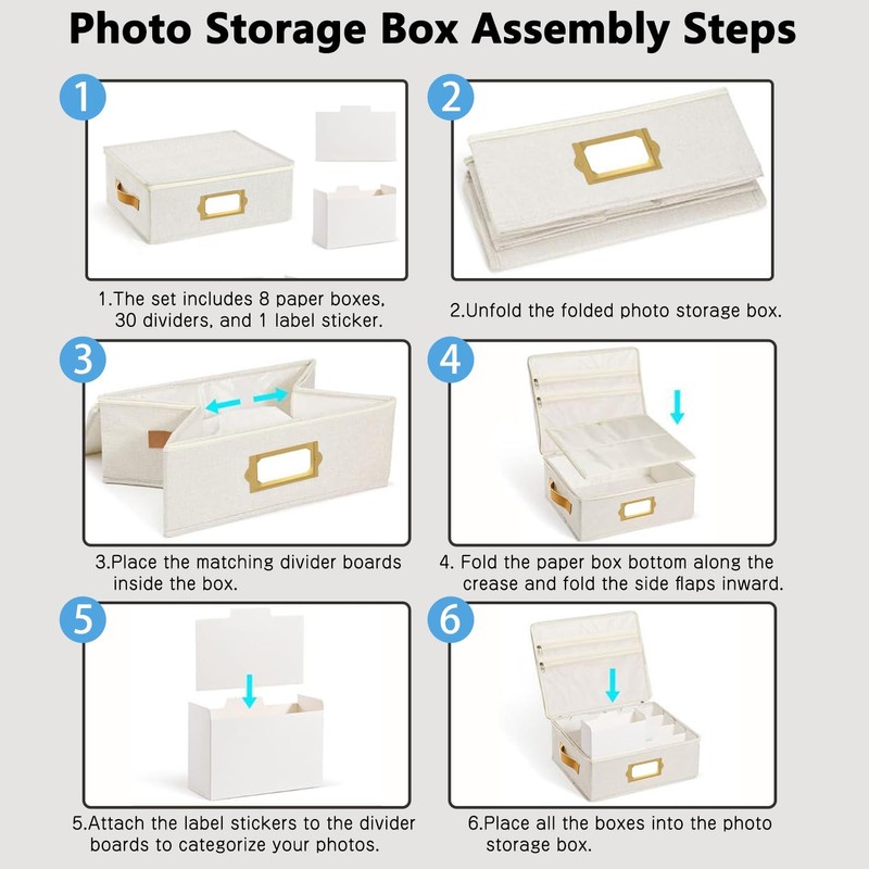 GINUMWA Photo Storage Box - Decorative Linen Organizer with Dividers