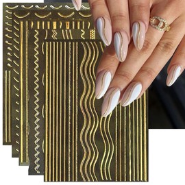 IDDFEVE 12 Sheets Gold Line Nail Art Stickers - Minimalism Waves Self-Adhesive 3D Nail Decals for DIY Golden French Smile Manicure