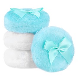 Large Fluffy Powder Puff, 4PCS Large Soft Puffs Washable Reusable, Velour Makeup Puffs for Face and Body, Round White Blue Loose Powder Applicator
