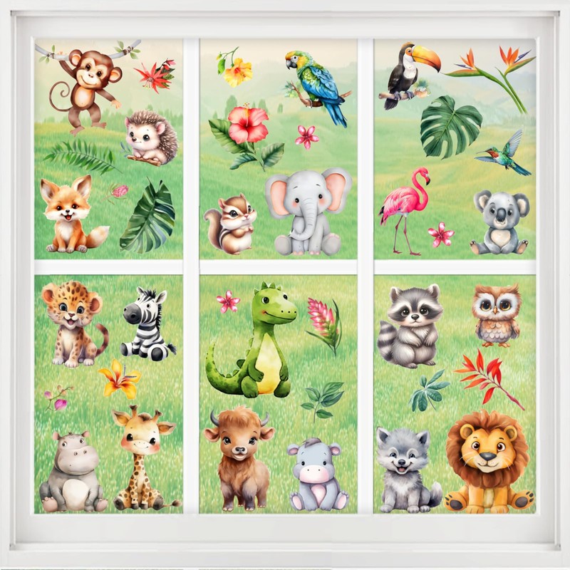38 Animal Window Stickers, Cute Elephant, Monkey, Bird Window Stickers,