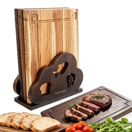 Teak Wood Book Cutting Board Set of 3 with Display Holder Non-Toxic