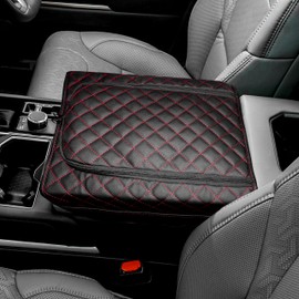 SENSHINE Center Console Armrest Cover for Toyota Tundra 2022-2025/Sequoia 2023-2025 Armrest Seat Stroage Box Cushion Lid Protector Pad with Zipper Leather Interior Accessories, Red Stitch