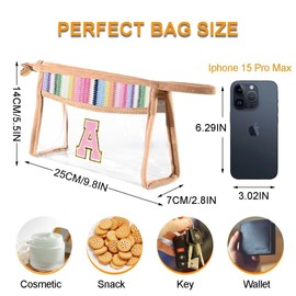Eptaufty Clear Letter A-Z Initial Makeup Bag with Zipper Traveling,Rainbow Boho Straw Chenille Cosmetic Bag Sunscreen SPF Beach Pouch for Women Skincare,Preppy Patch Toiletry Bag for Girl