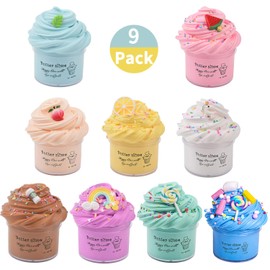 Keemanman 9 Pack Butter Slime Kit with Mint Leaf, Watermelon, Peach, Lemon, Unicorn, Coffee, Rainbow and Candy Charms, Scented DIY Slime for Girls and Boys, Stress Relief Toy for Kids Party and Gift