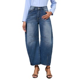 Barrel Jeans for Women Wide Leg Denim Pants Baggy Boyfriend Jeans with Pockets Blue Large