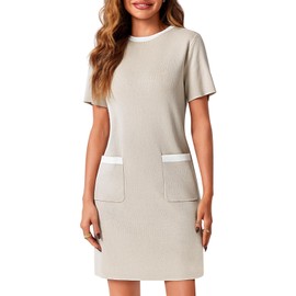 Wenrine Womens Work Dress Elegant Business Casual Short Sleeve Knit Summer Mini Dresses Khaki