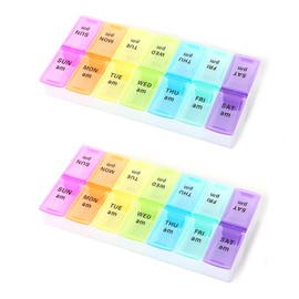 2 Stück Tablettenbox 7 Tage 2 Fächer, MUNTE Medikamentenbox 7 Tage, Farbe Pillendose, Tragbar Medikamenten Organizer, Geeignet für Pillen, Vitamine, Fischöl, Süßigkeiten
