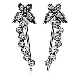 PIERCE ME (1 Pair) Antique Silver Finish Crystals Paved Butterfly and Bubbles Prepacked Ear Crawler/Ear Climber