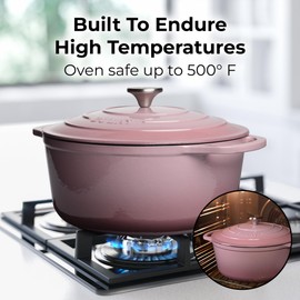Zulay Kitchen 6 Quart Enameled Cast Iron Dutch Oven with Lid – Premium Durability & Oven Safe up to 500°F – Heavy Duty Cookware Perfect for Bread Baking, Stews, Braising & Roasting – Pink
