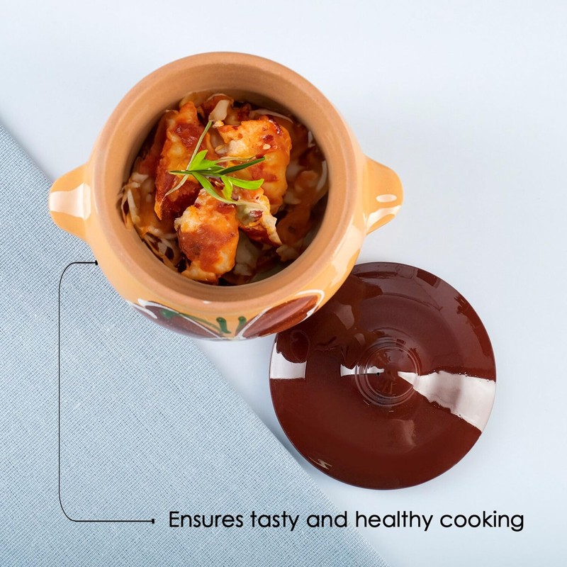 Clay Cooking Pot with Lid Handmade Beige Hand-Painted Clay Stoneware