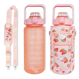 Mindunm 64 oz Water Bottle with Straw Sleeve & Strap Motivational Half Gallon Water Jug with Handle for Gym Women Men Aesthetic Water Bottle with Strap Strawberry Cat