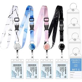4 Pack Cruise Lanyard for Cruise Ship Cards, Retractable Cruise Lanyards with 4 count Cruise Luggage Tags &  Id Badge Holder (Cute Style) - Color: Marble Style