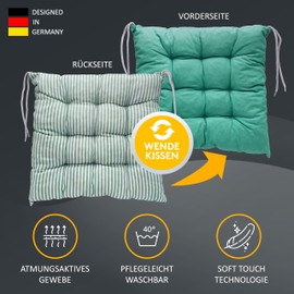 LILENO HOME Set of 1 Reversible Chair Cushion Turquoise Green (40 x 40 x 6 cm) - Stripes Seat Cushion for Garden Chair, Kitchen or Dining Room Chair - Indoor and Outdoor Chair Cushion as Chair Cushion
