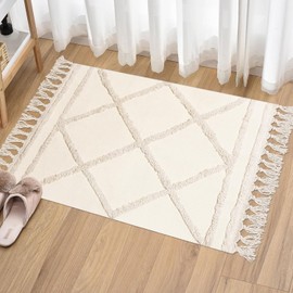INKAROBOX Rug Runner Hallway, Boho Beige Tufted Cotton Rug with Woven Tassels, Washable Rug for Bathroom Kitchen Living Room Bedroom Hallway Dining Room (Beige, 60 x 90 cm)
