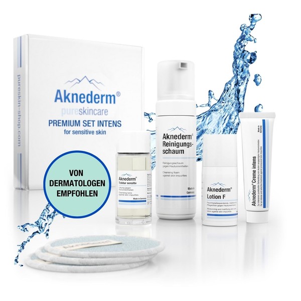 Aknederm Premium Intens Set for Sensitive Skin - Set with Tincture Sensitive / Cleansing Foam / Lotion F/Cream Intens & Cleaning Pads - Natural Skincare Set - Ideal for Acne Treatment 230 ml