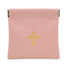 Squeeze-Top Faux Leather Rosary Pouch — Compact Peach Pink Case for Rosary Beads with Cross Imprint - Keeps Prayer Beads Protected for Travel - Fits Easily in Purse, Pocket, Car, Retreats & Church Use