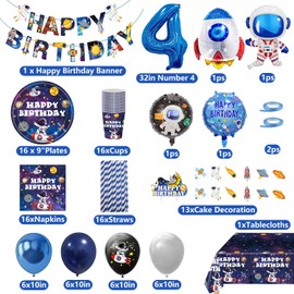 Space Party Tableware Set for 4 Years, Space Birthday Decoration, 16 Guests