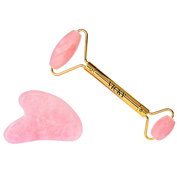 Face Roller Rose Quartz and Gua Sha Set, VICKY Jade Facial Roller for Face and Body Anti-Aging Face Massager Tools Stimulates Blood Flow, Reduces Fine Lines, Wrinkles and Puffiness