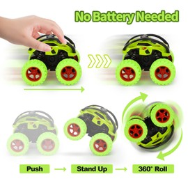 VoMii Monster Truck [Pack of 4] Monster Truck Toy Car for Children from 3-10 Years, Large Rubber Wheels 4x4 Power Inertia-Powered Vehicles, 360° Stunt Rotation, Racing Car Play Sets for Children