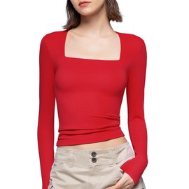 PUMIEY Long Sleeve Shirts for Women Dupes T Shirts Womens Fashion Going Out Tops Fall Outfits Red Basic Tee, Ruby, Small
