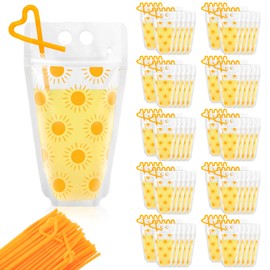 Whaline 100 Set Boho Sun Stand-Up Plastic Drink Cup Pouches with Straws Yellow Sunshine Clear Zipper Juice Bags for First Birthday Baby Shower Groovy Retro Hippie Party Supplies
